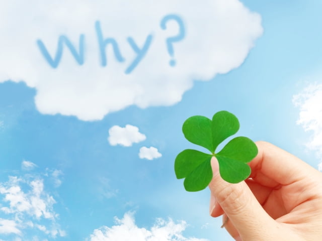 右手にクローバーを持って、左上にwhy?と書かれた雲がある