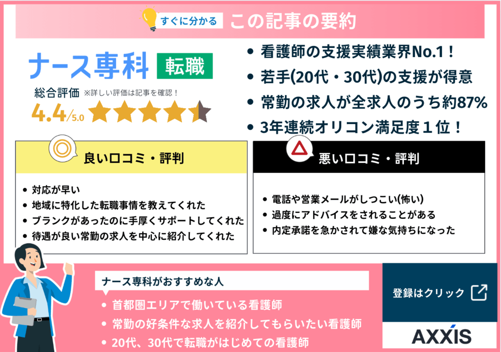 ナース専科 転職(旧ナース人材バンク)の評判の要約
