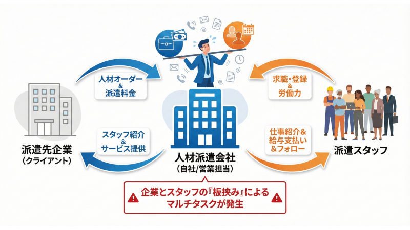 人材派遣の相関図。中央の「人材派遣会社（営業担当）」に対し、左側の「派遣先企業」からは人材オーダーと派遣料金が発生し、右側の「派遣スタッフ」からは労働力が提供される。派遣会社は双方に対し、スタッフ紹介や給与支払い・フォローを行う。下部に「企業とスタッフの『板挟み』によるマルチタスクが発生」というテキストあり。
