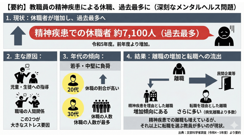 【要約】教職員の精神疾患による休職、過去最多に（深刻なメンタルヘルス問題）