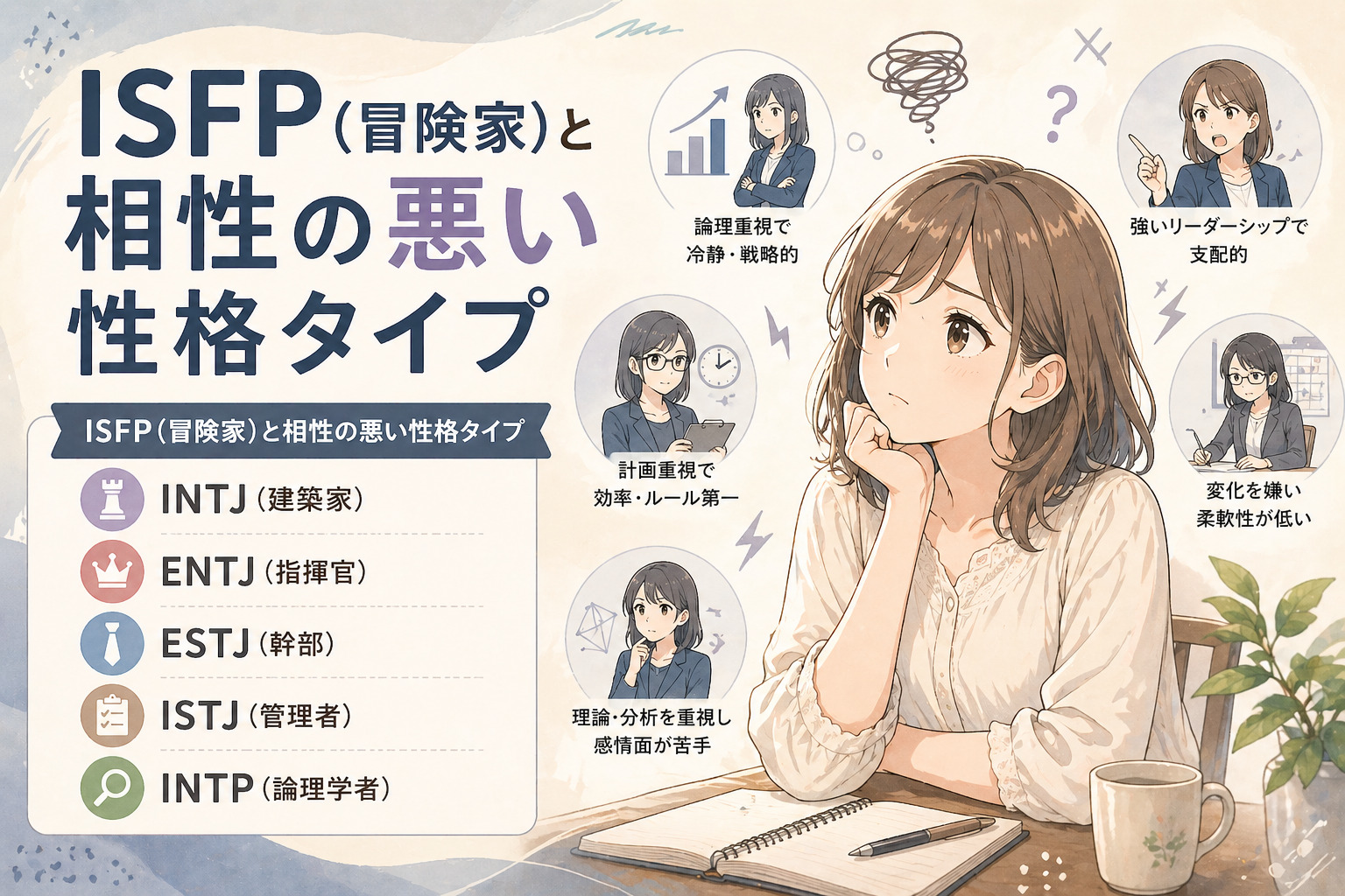 ISFP(冒険家)と相性の悪い性格タイプ