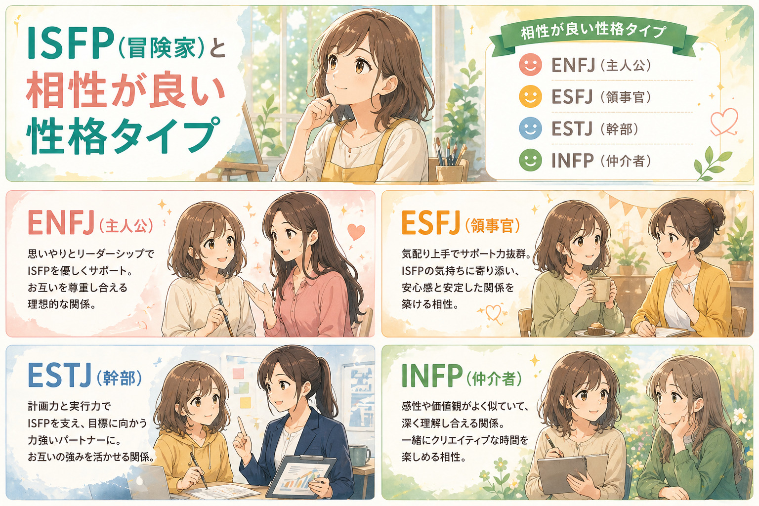 ISFP(冒険家)と相性が良い性格タイプ